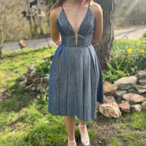 Shimmering Midnight Blue V-Neck Dress